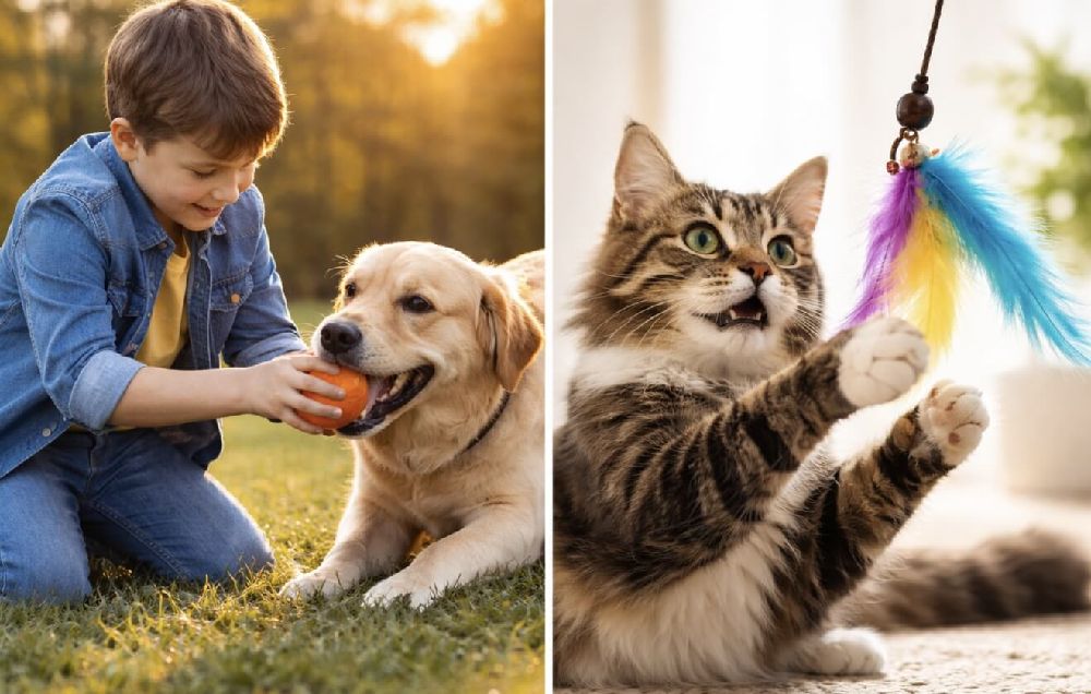 дете си играе с куче и котка си играе с играчка въдичка